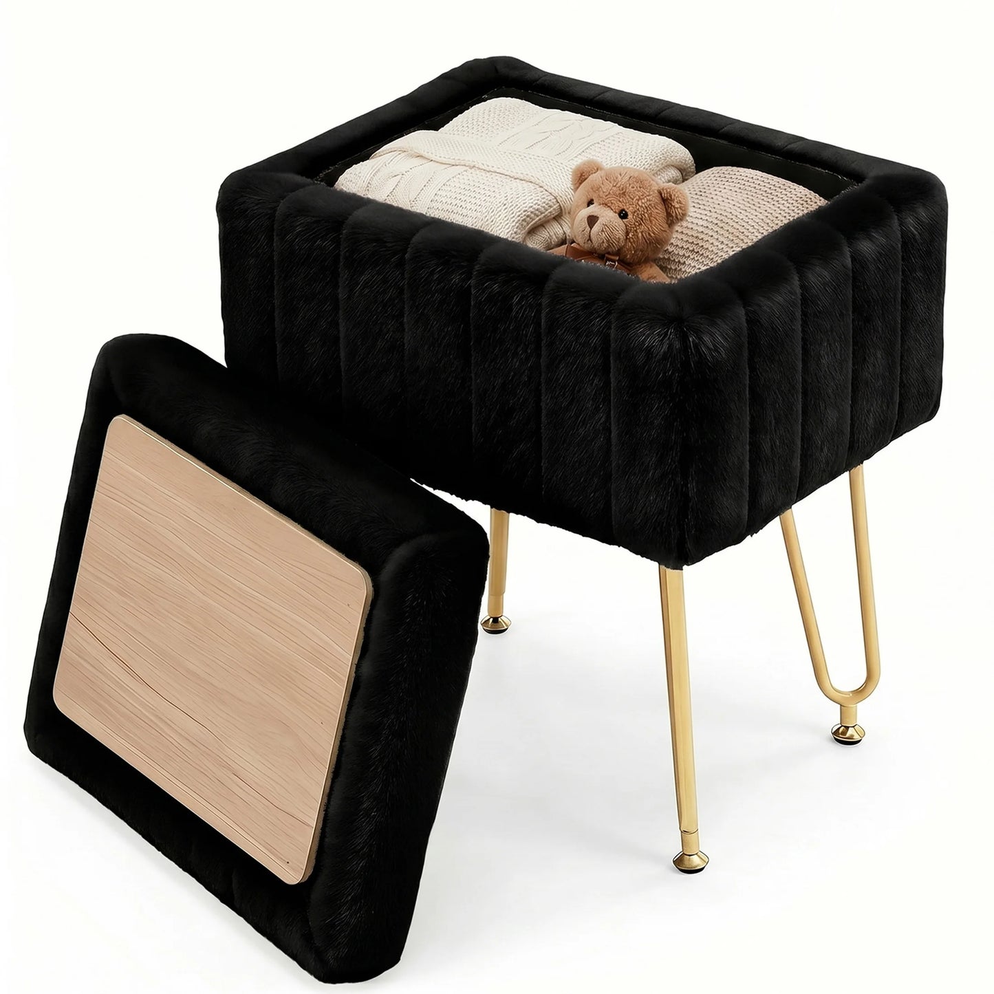 JHK Faux Fur Ottoman Vanity Stool With Storage