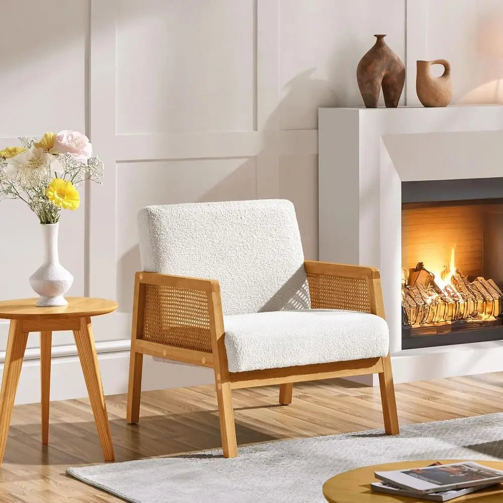 Rattan Accent Chairs Set of Two Boho Boucle Reading Chairs