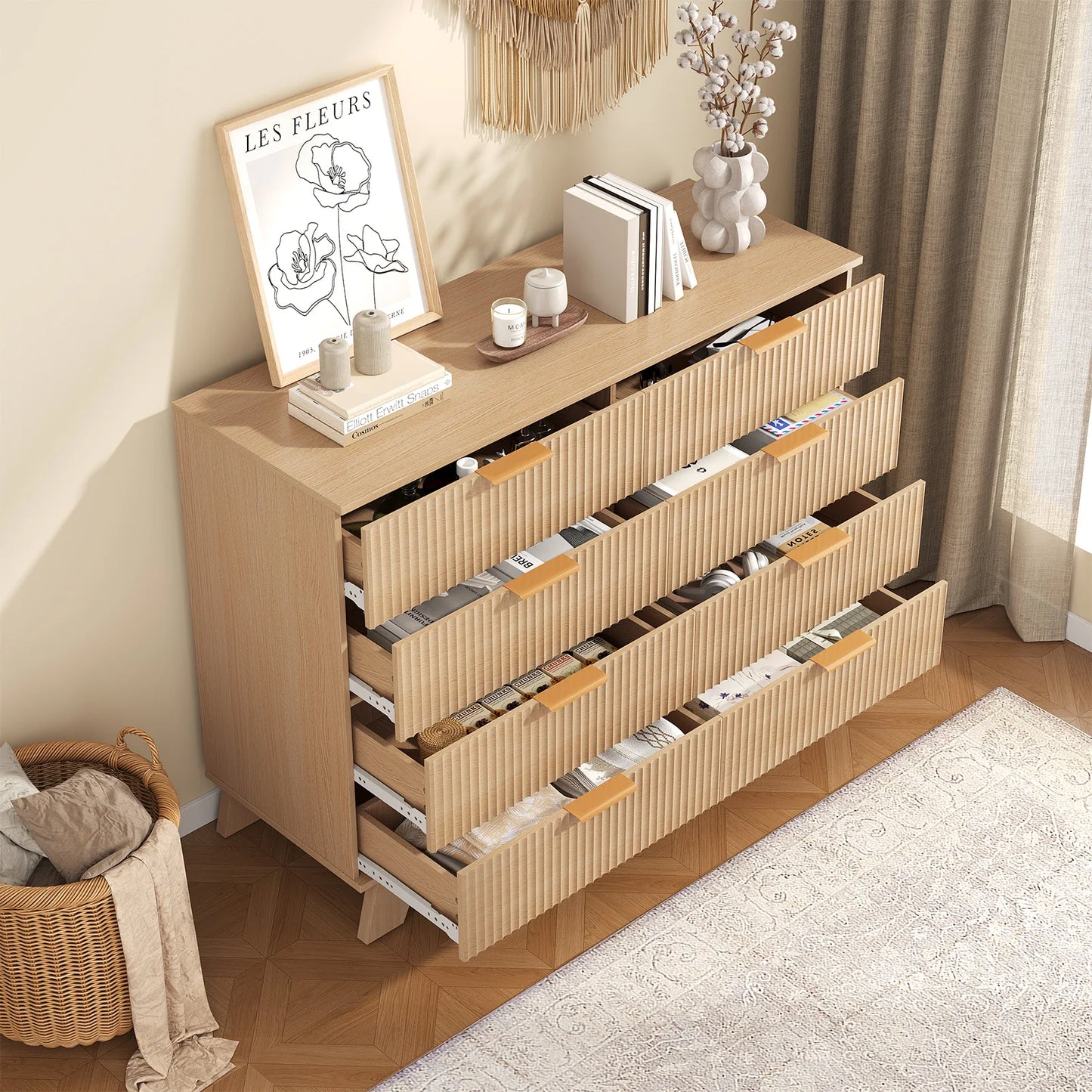 JHK Fluted Wooden Dresser With Gold Metal Handles