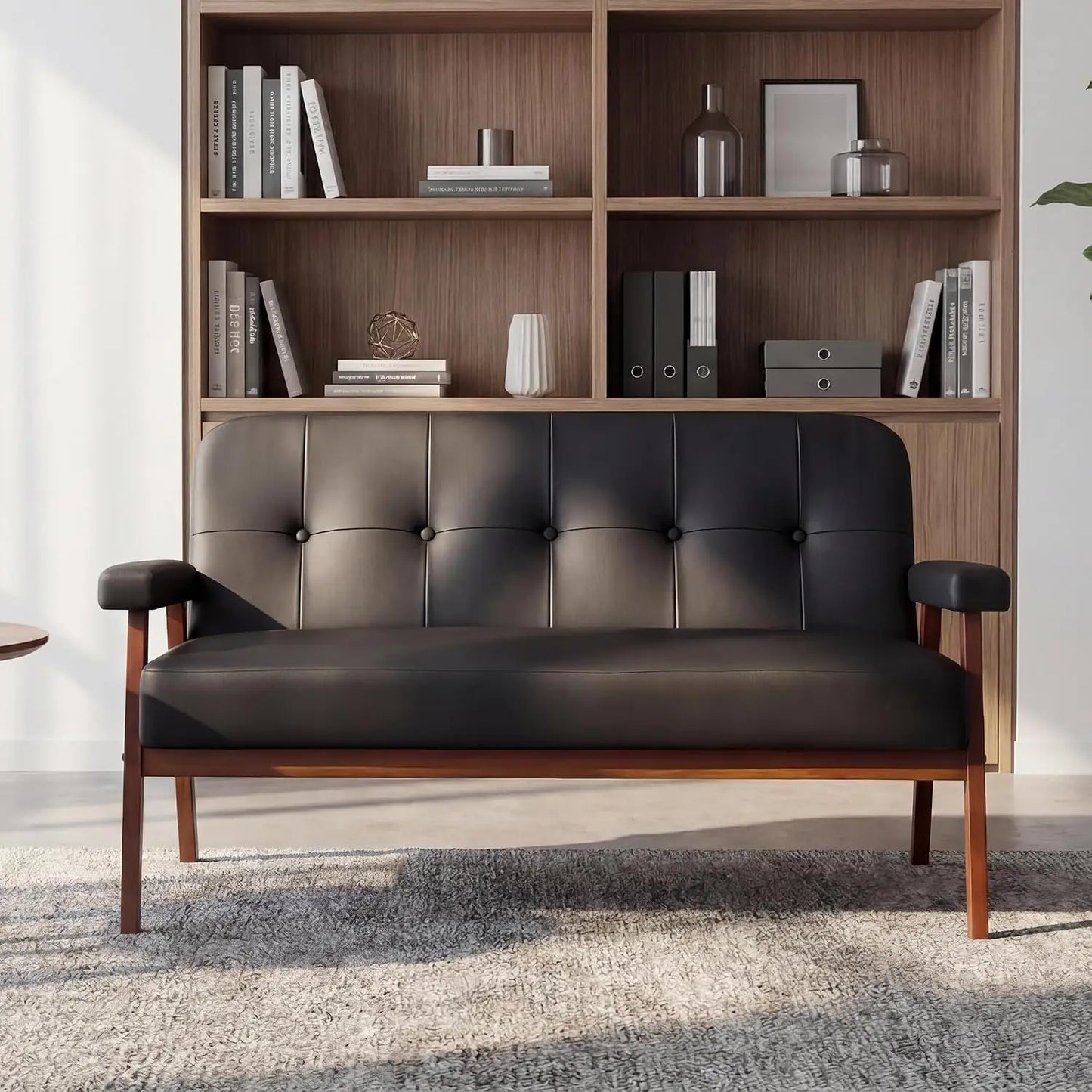 Mid Century Modern Faux Leather Office Loveseat With Wood Arms