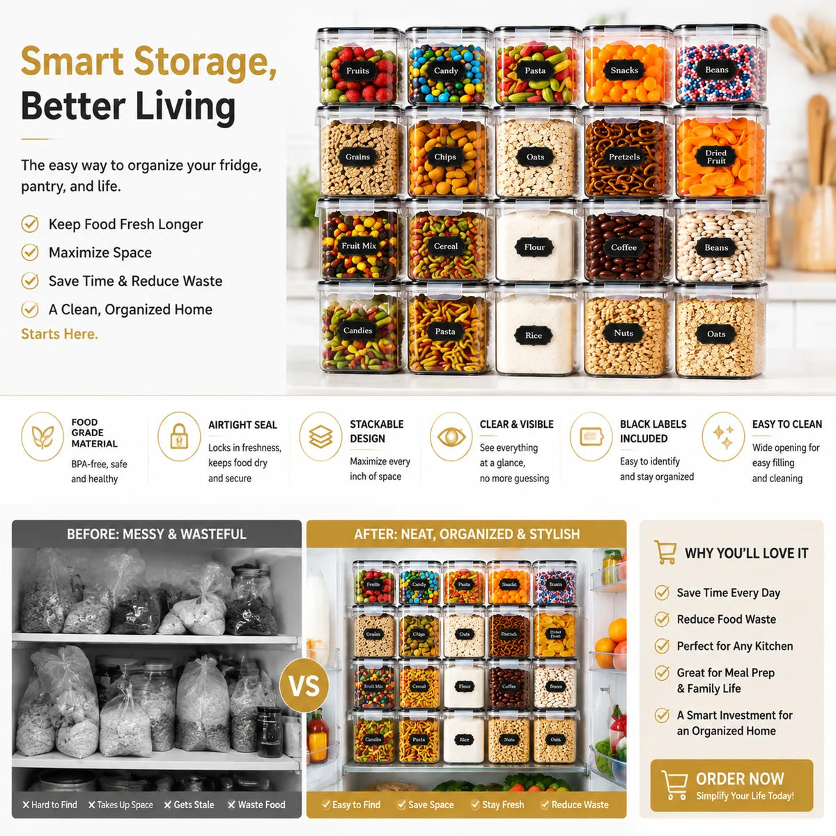 DIAMRI Stackable Airtight Food Storage Canisters for Kitchen Organization