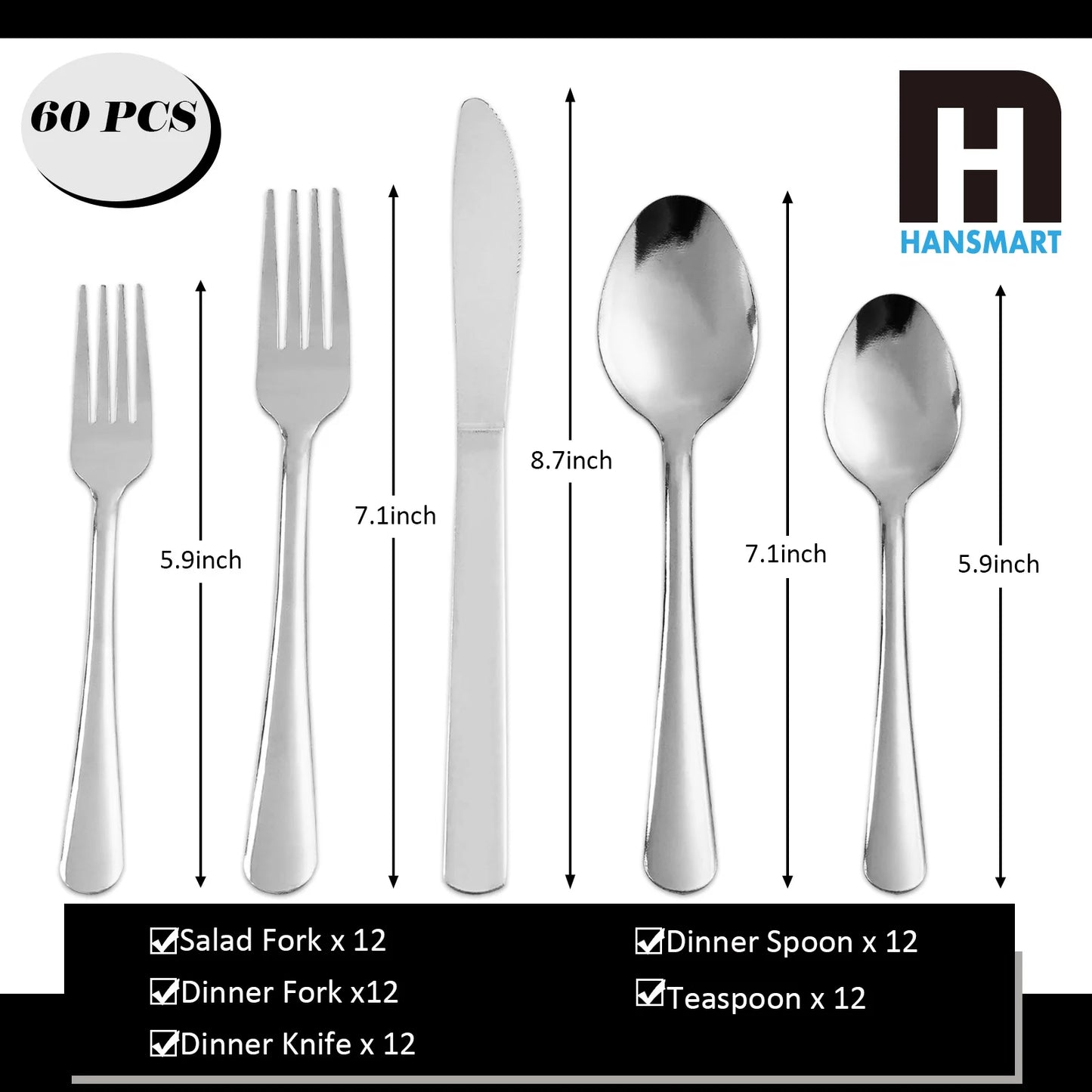 HANSMART 60 Piece Stainless Flatware Set For 12 Dishwasher Safe