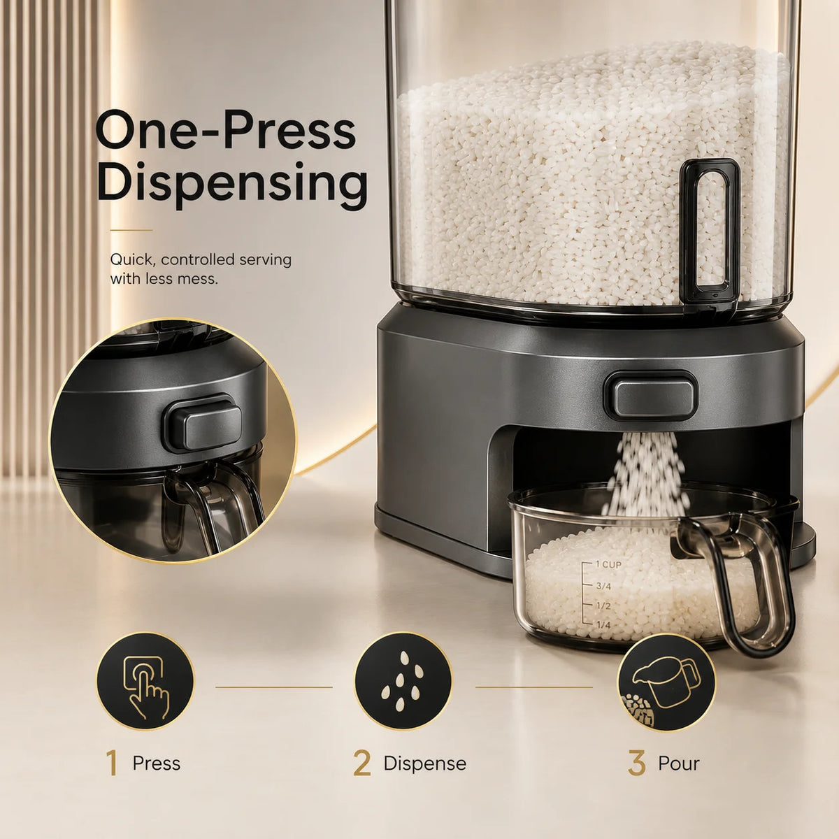 Transparent Rice Dispenser With Measuring Cup For Dry Food Storage