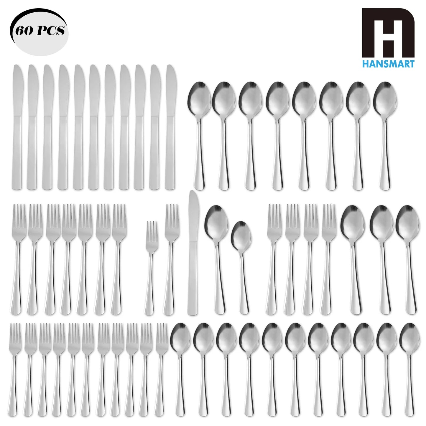 HANSMART 60 Piece Stainless Flatware Set For 12 Dishwasher Safe