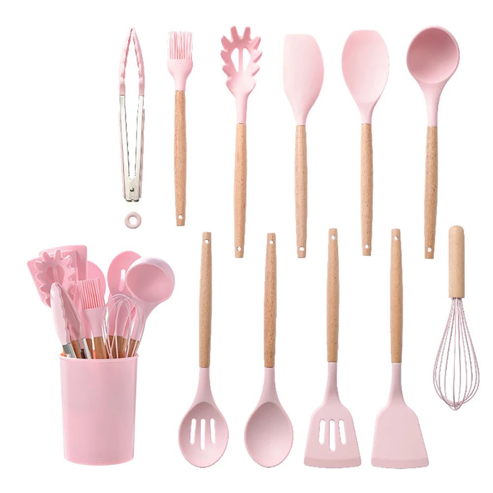 Silicone Kitchen Utensils Set With Wooden Handles Nonstick Spatulas