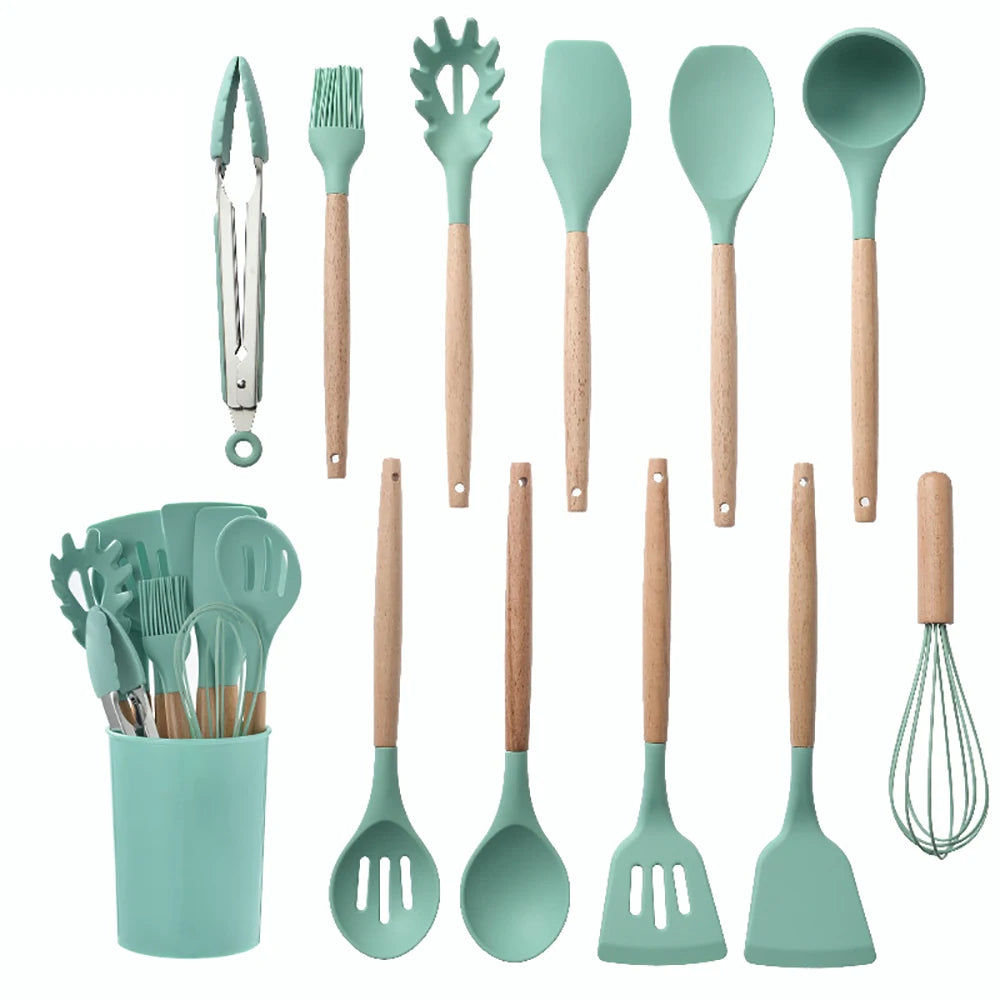 Silicone Kitchen Utensils Set With Wooden Handles Nonstick Spatulas