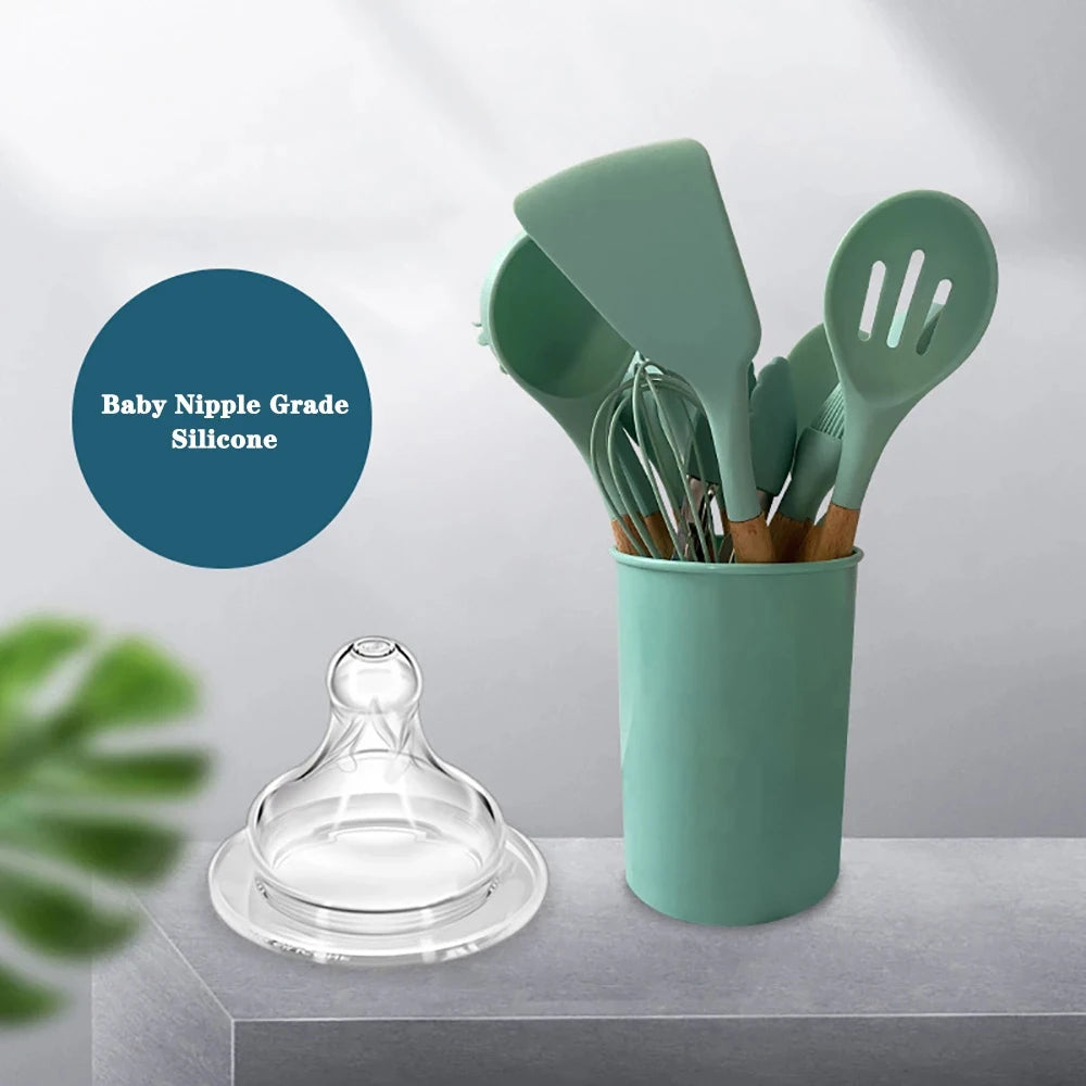 Silicone Kitchen Utensils Set With Wooden Handles Nonstick Spatulas
