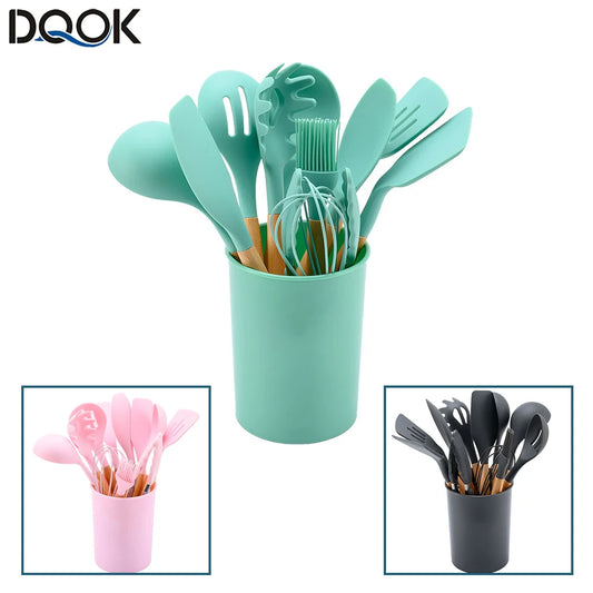Silicone Kitchen Utensils Set With Wooden Handles Nonstick Spatulas