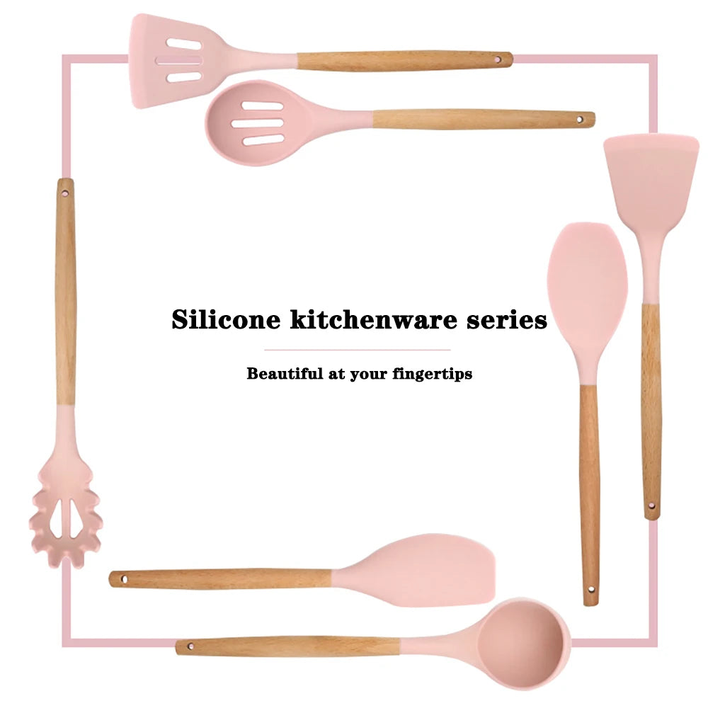 Silicone Kitchen Utensils Set With Wooden Handles Nonstick Spatulas