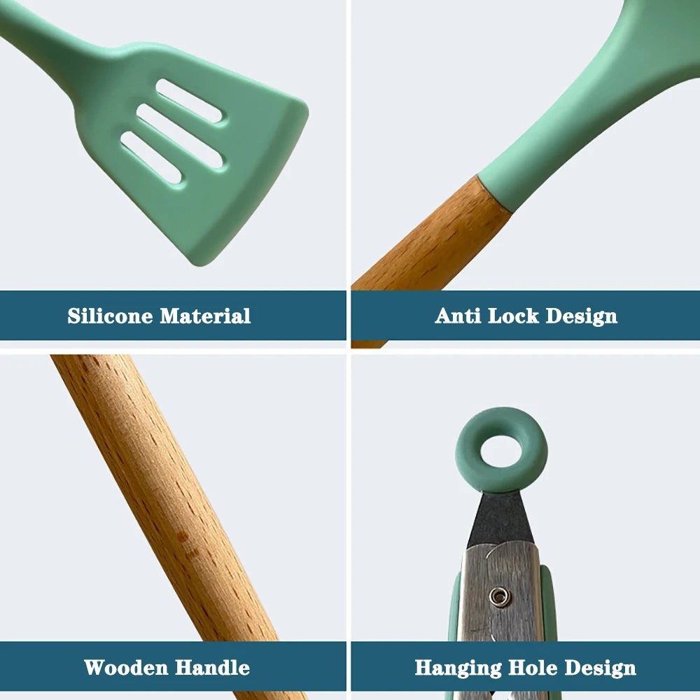 Silicone Kitchen Utensils Set With Wooden Handles Nonstick Spatulas