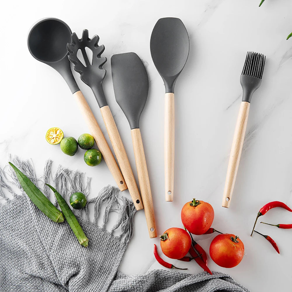 Silicone Kitchen Utensils Set With Wooden Handles Nonstick Spatulas
