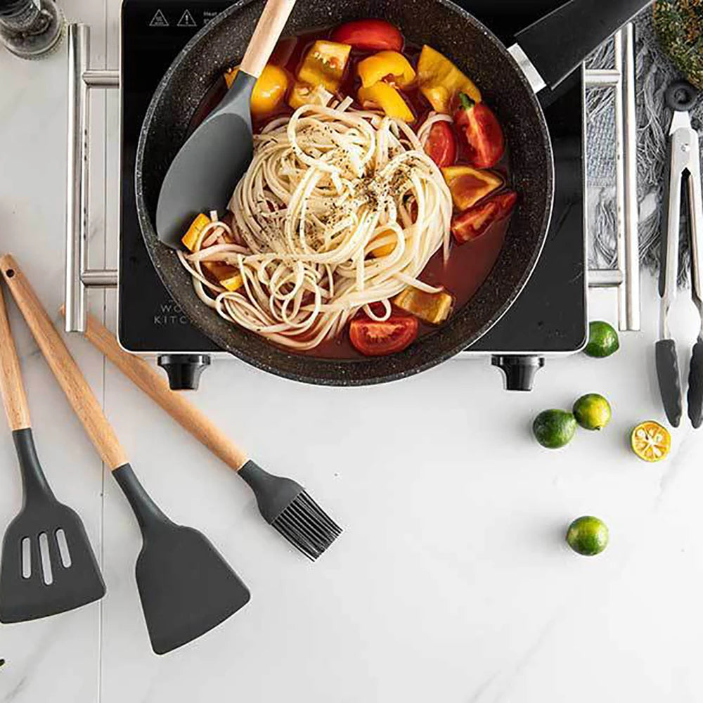 Silicone Kitchen Utensils Set With Wooden Handles Nonstick Spatulas