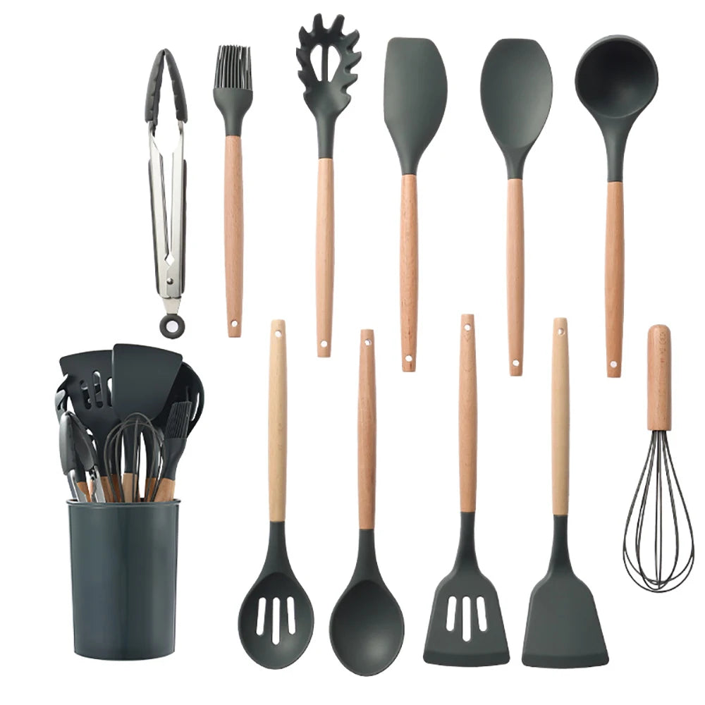 Silicone Kitchen Utensils Set With Wooden Handles Nonstick Spatulas