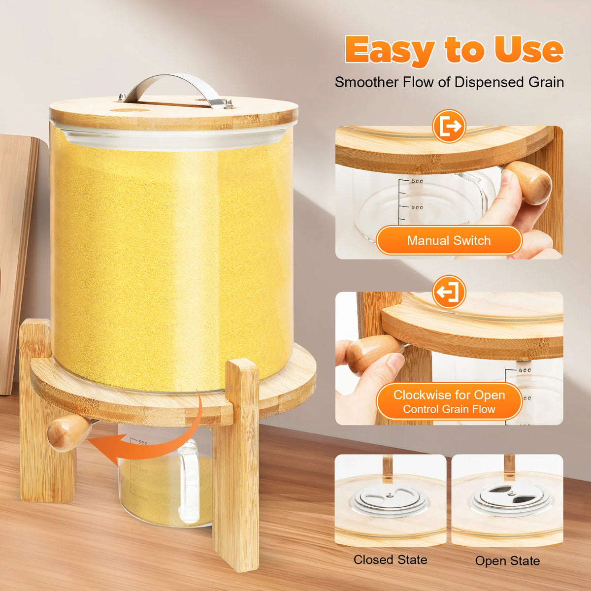 Airtight Glass Cereal Dispenser With Bamboo Lid and Stand