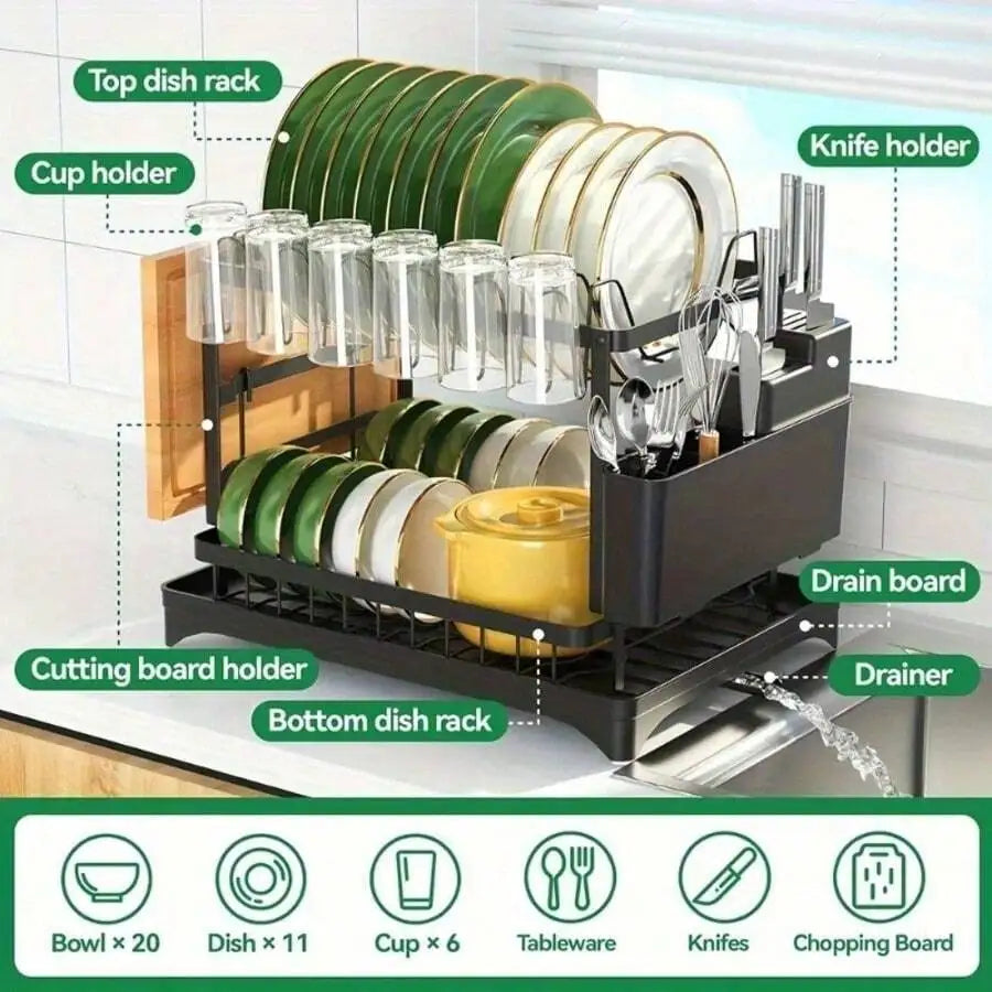 Two-Tier Stainless Steel Dish Rack With Drainer Plate And Cup Holder