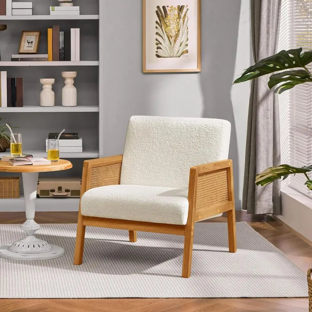 Rattan Accent Chairs Set of Two Boho Boucle Reading Chairs
