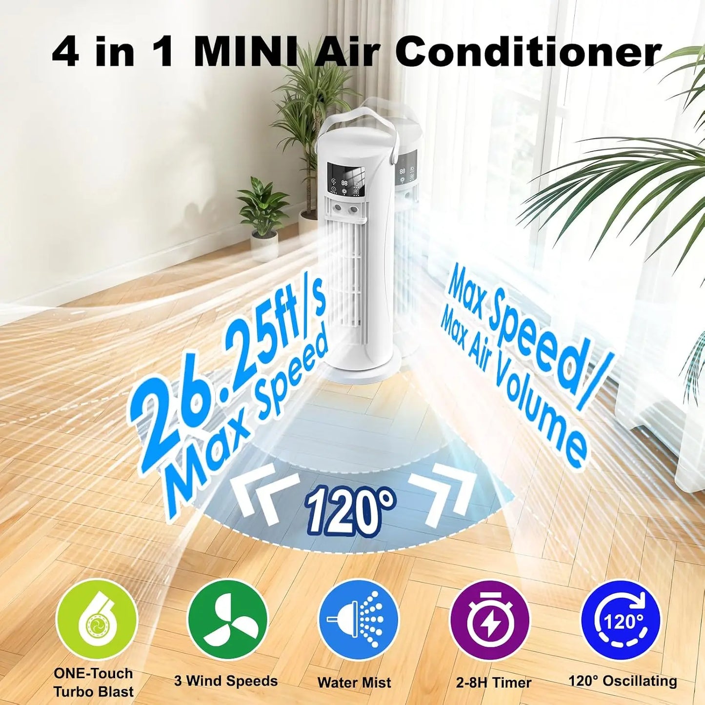 Portable Evaporative Air Cooler With 120 Degree Rotating Tower Fan