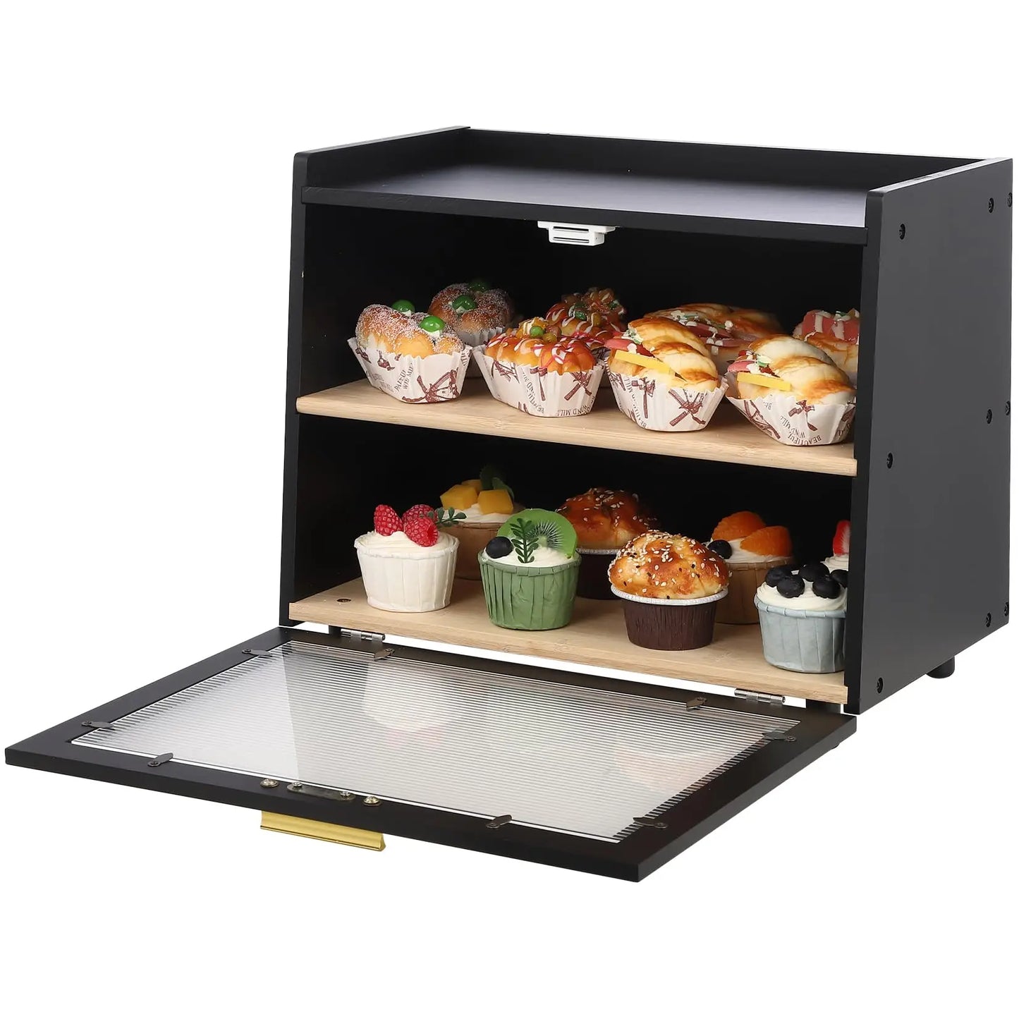 Studyset Double Layer Bamboo Bread Box With Acrylic Wave Doors