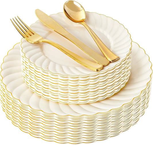 Scalloped Plastic Plates With Silverware Disposable Dinnerware Set