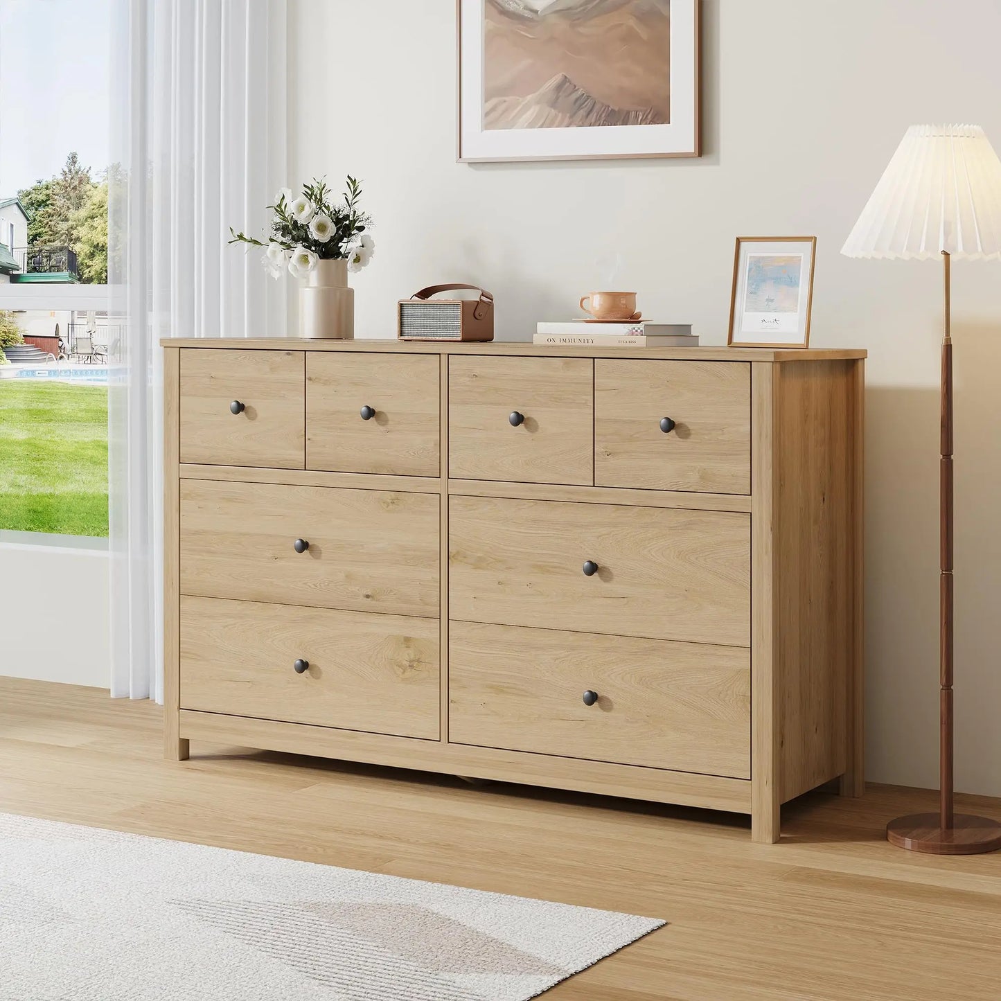 HiMISS Modern 8 Drawer Dresser Oak Wood Grain Storage Chest