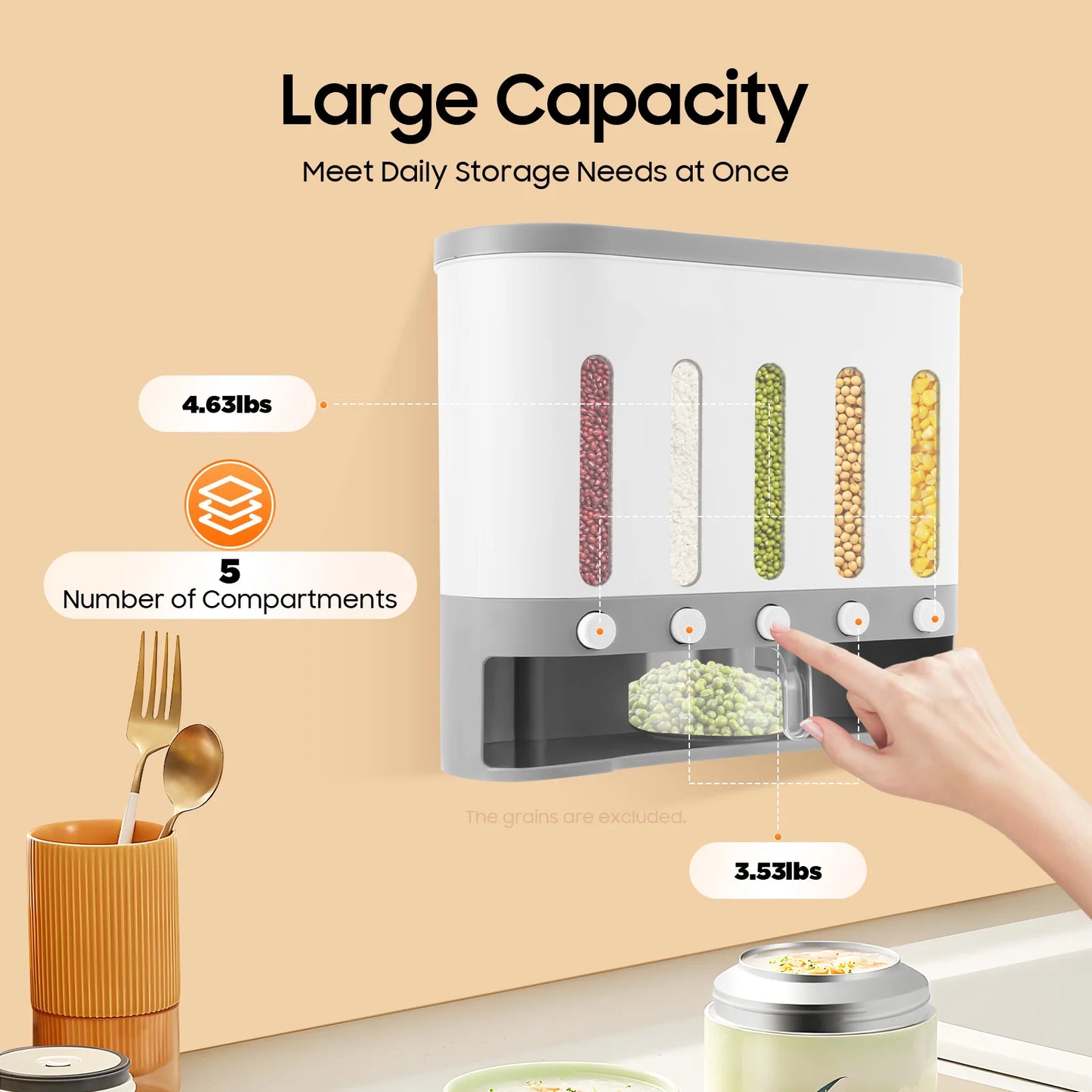 Wall Mounted 5-Compartment Rice Dispenser And Food Storage