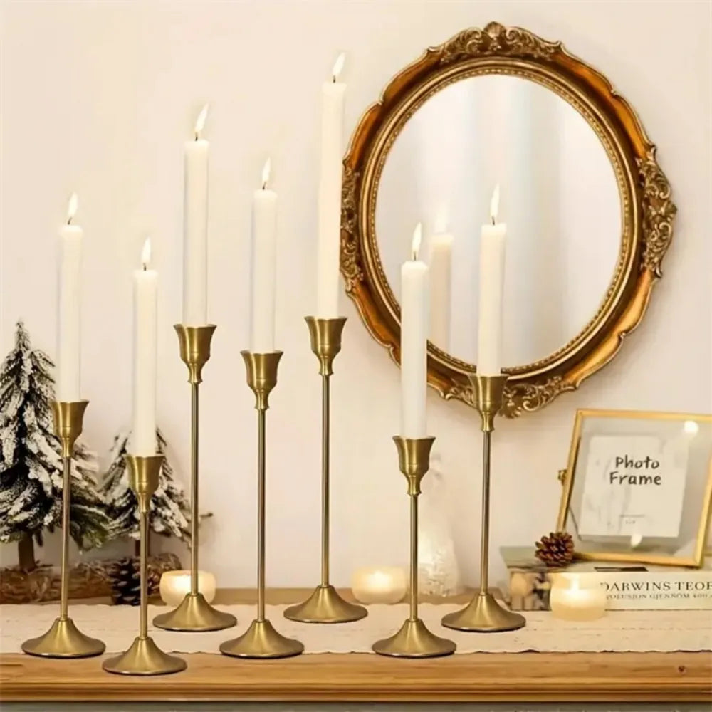 Gold Metal Candlestick Set, Taper Candle Holders For Home Decor
