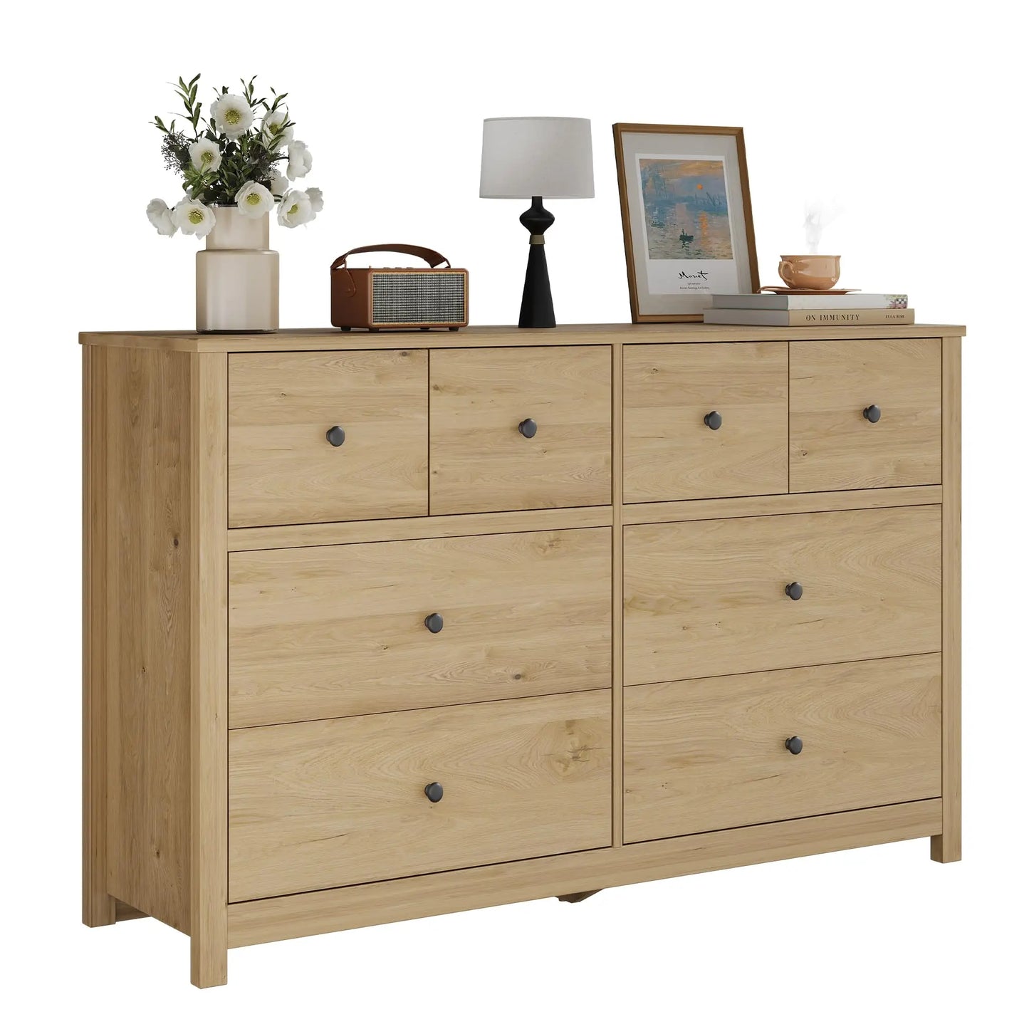 HiMISS Modern 8 Drawer Dresser Oak Wood Grain Storage Chest