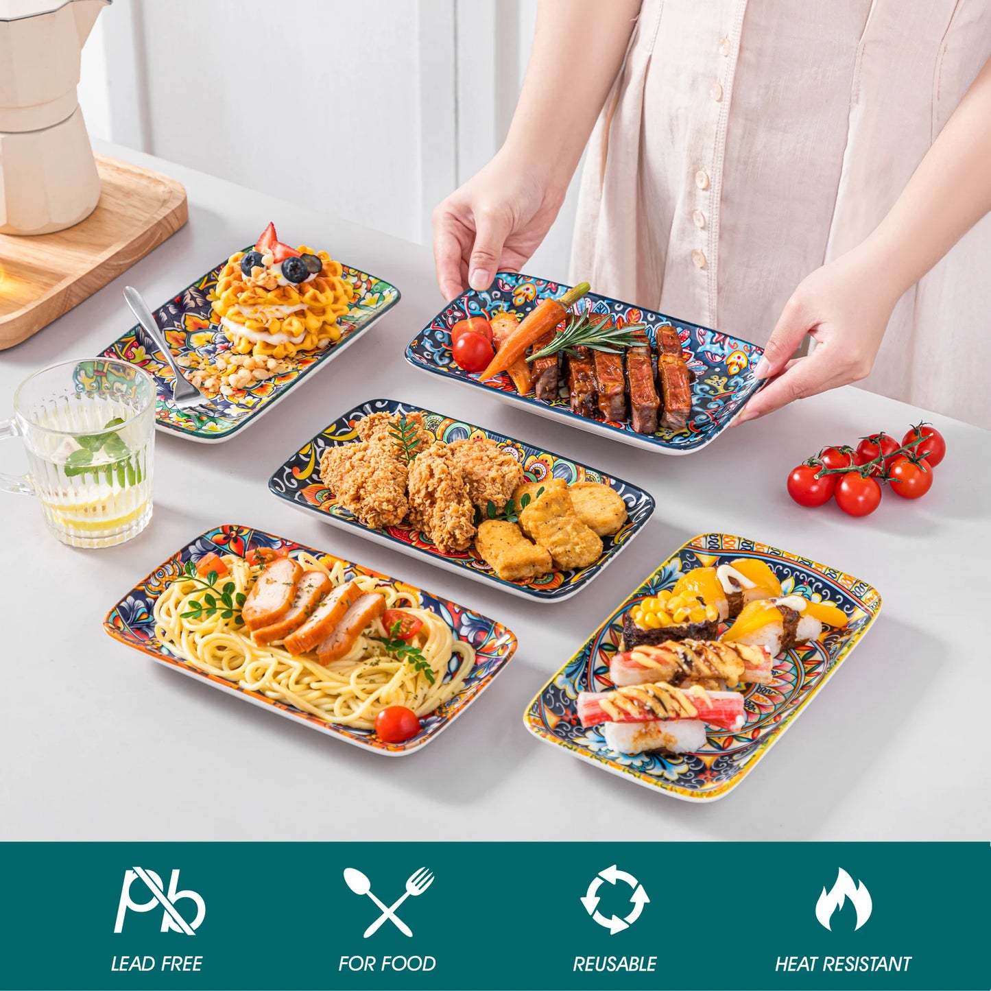 MALACASA Rectangular Porcelain Serving Plates Set For Beef Noodles Pasta