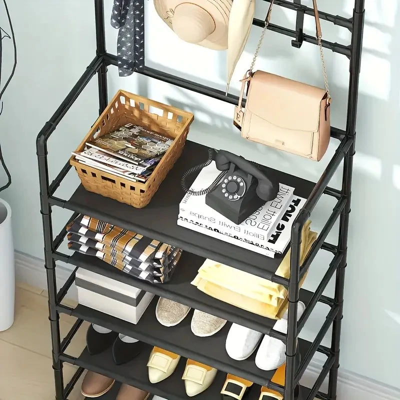 Entryway Shoe and Accessory Rack With Double Row Hooks