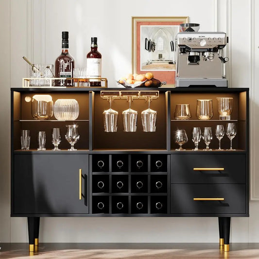 Bar Cabinet With Wine And Liquor Storage And LED Lighting