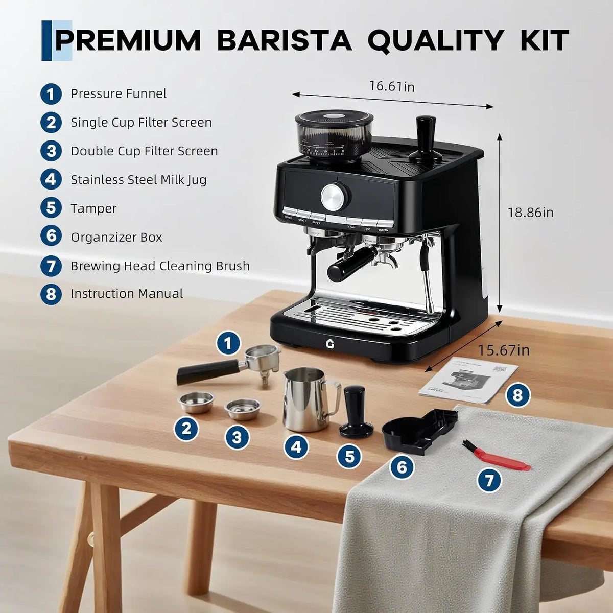 Espresso Machine With Grinder And Steam Wand, 20 Bar Pressure