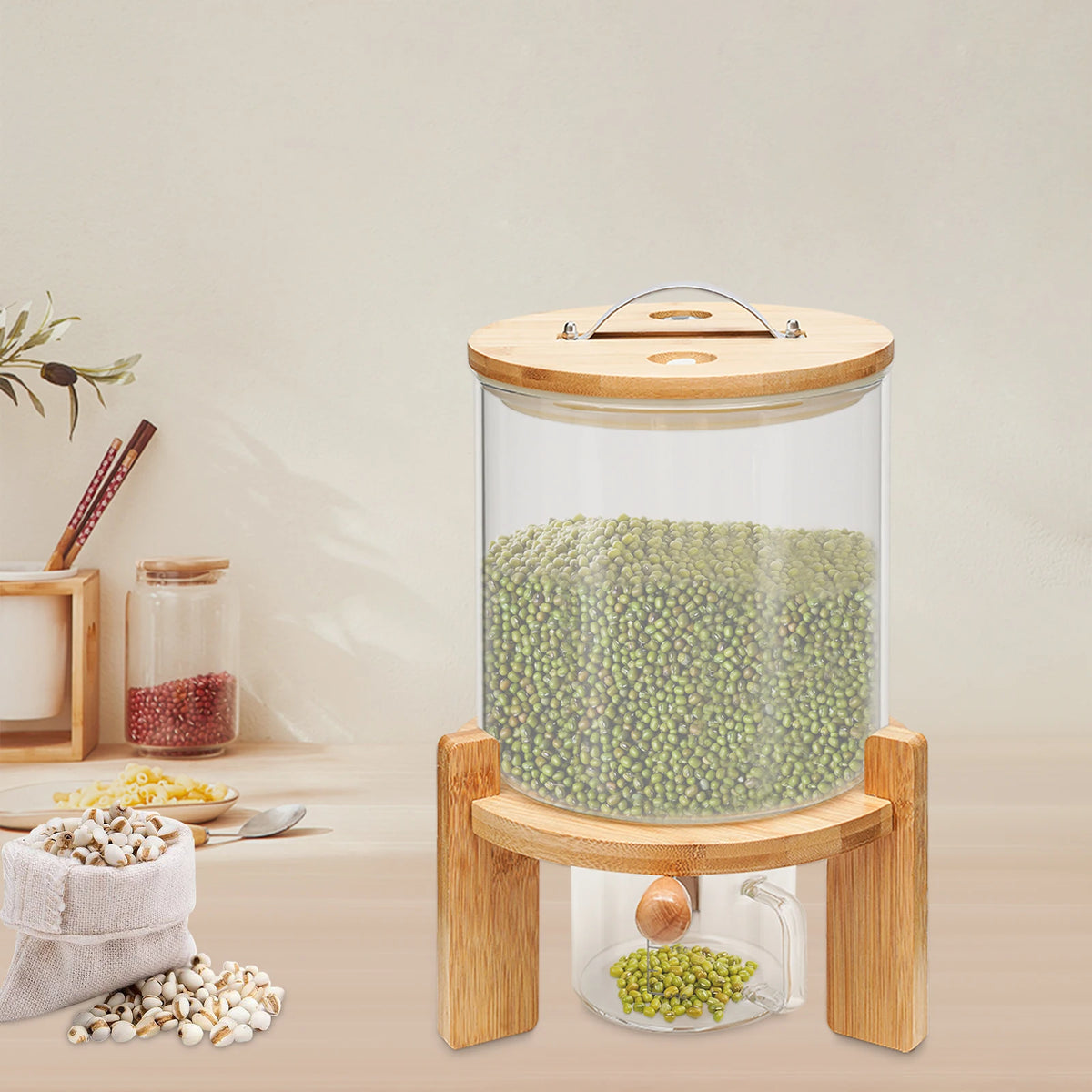 Airtight Glass Cereal Dispenser With Bamboo Lid and Stand