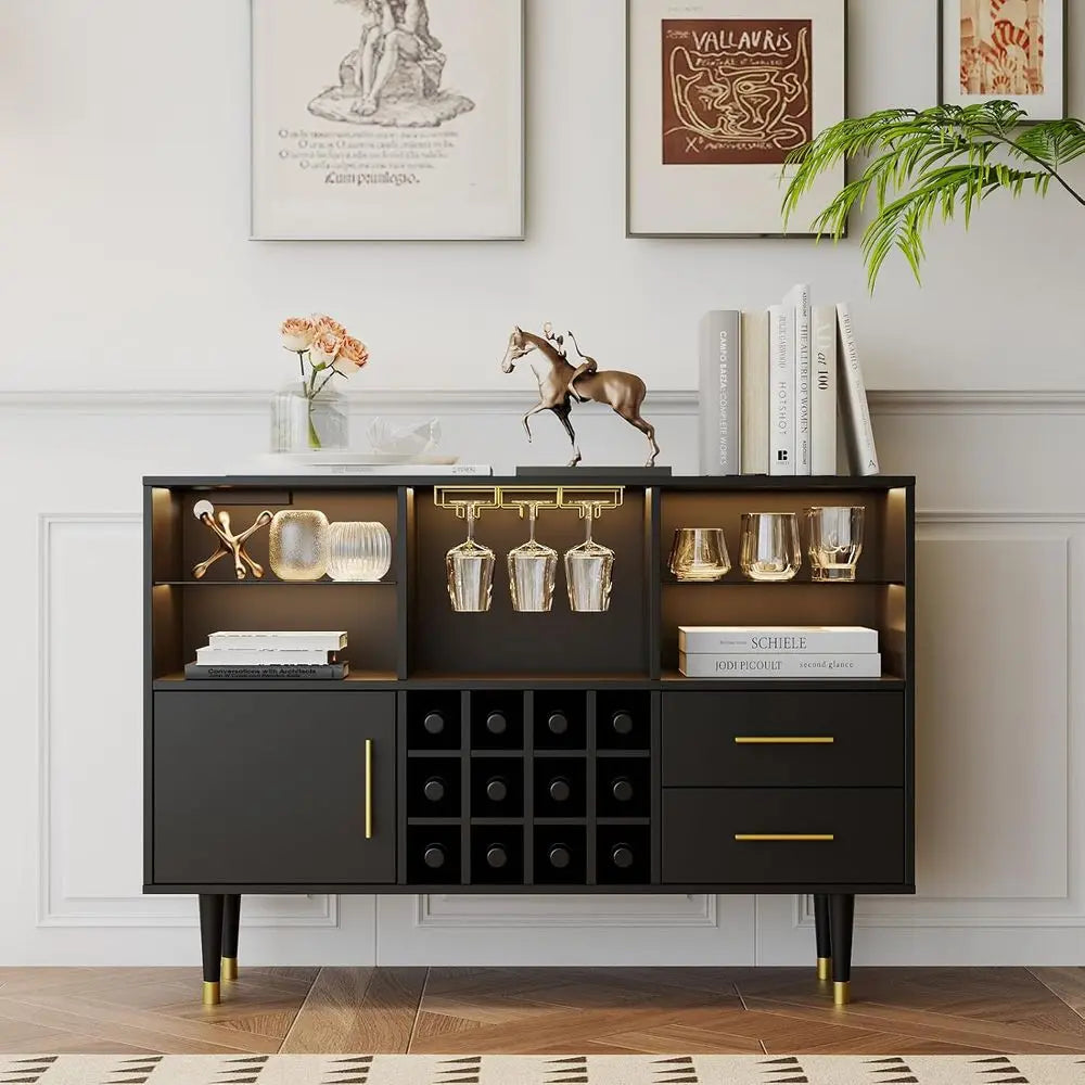 Bar Cabinet With Wine And Liquor Storage And LED Lighting