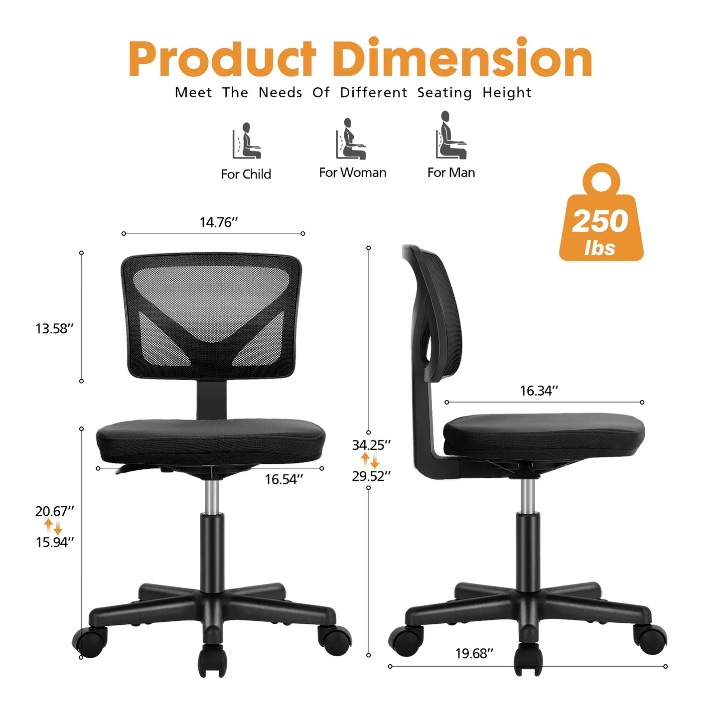 JHK Mesh Lumbar Support Armless Office Chair with Wheels