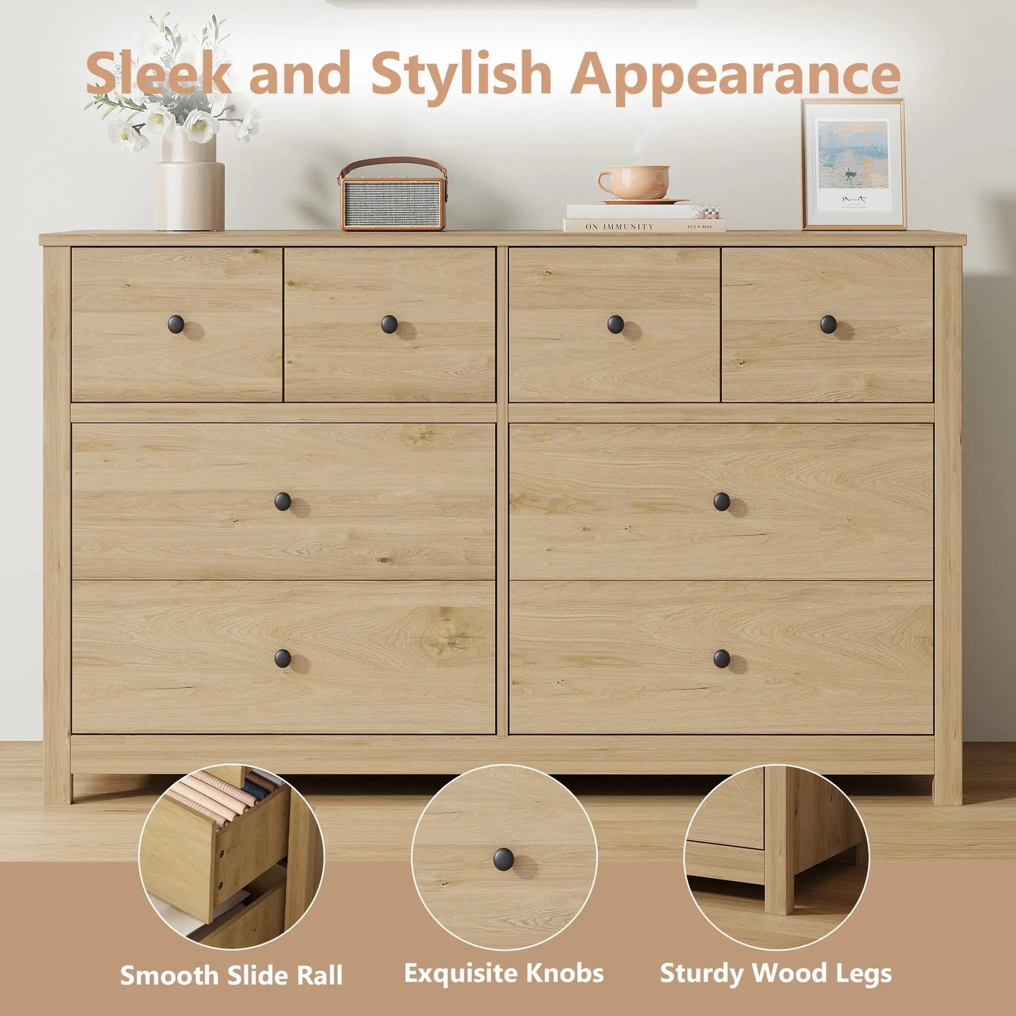 HiMISS Modern 8 Drawer Dresser Oak Wood Grain Storage Chest