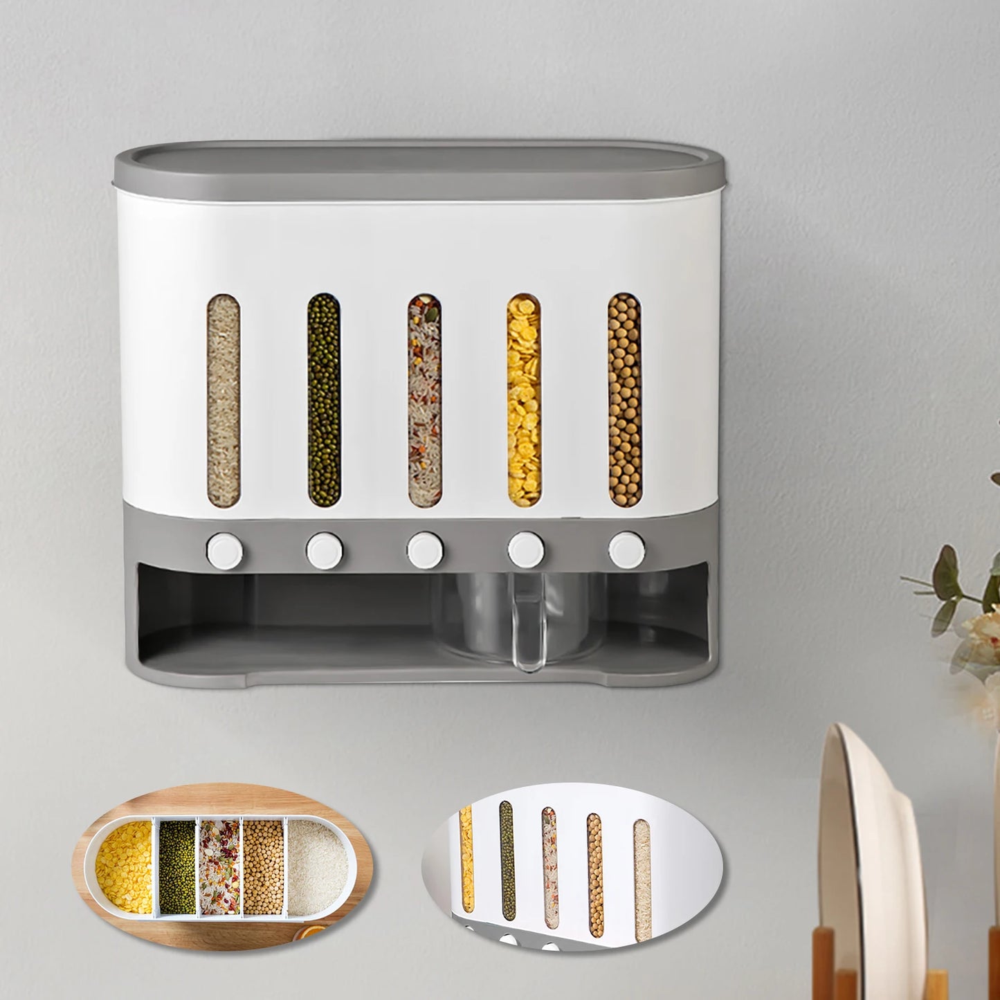 Wall Mounted 5-Compartment Rice Dispenser And Food Storage