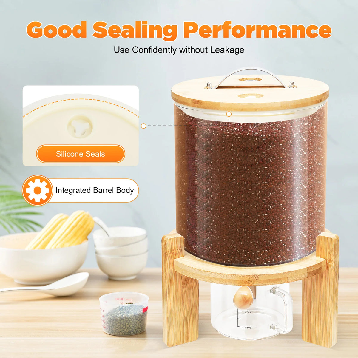 Airtight Glass Cereal Dispenser With Bamboo Lid and Stand