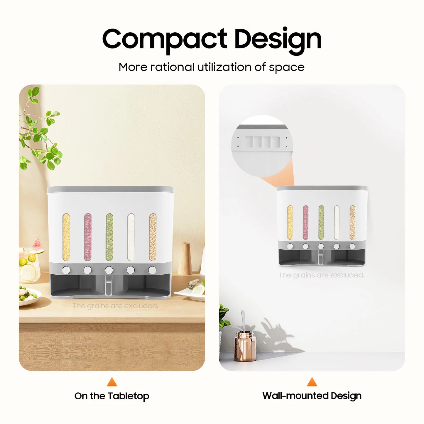 Wall Mounted 5-Compartment Rice Dispenser And Food Storage