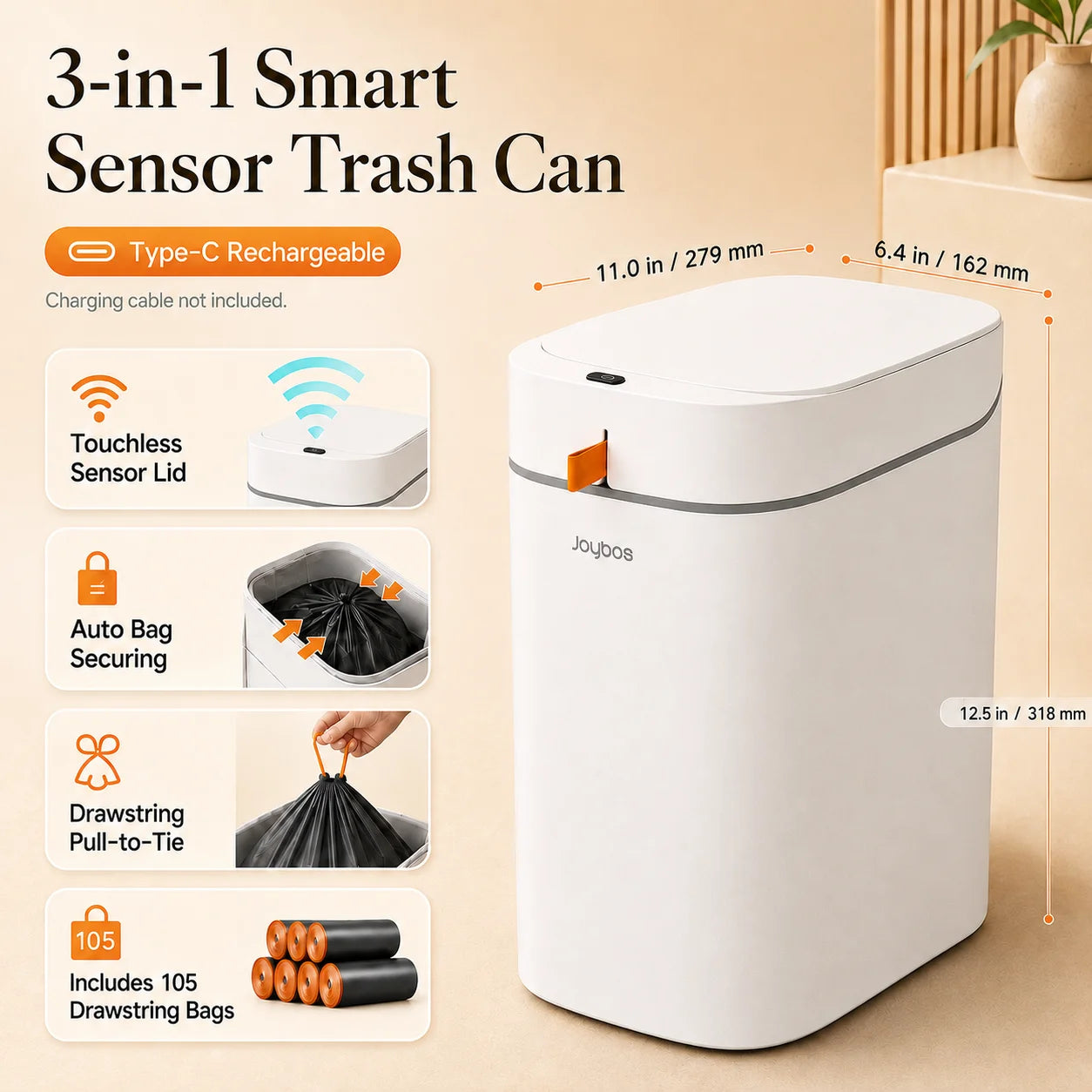 Joybos Touchless Smart Trash Can With Auto Lining