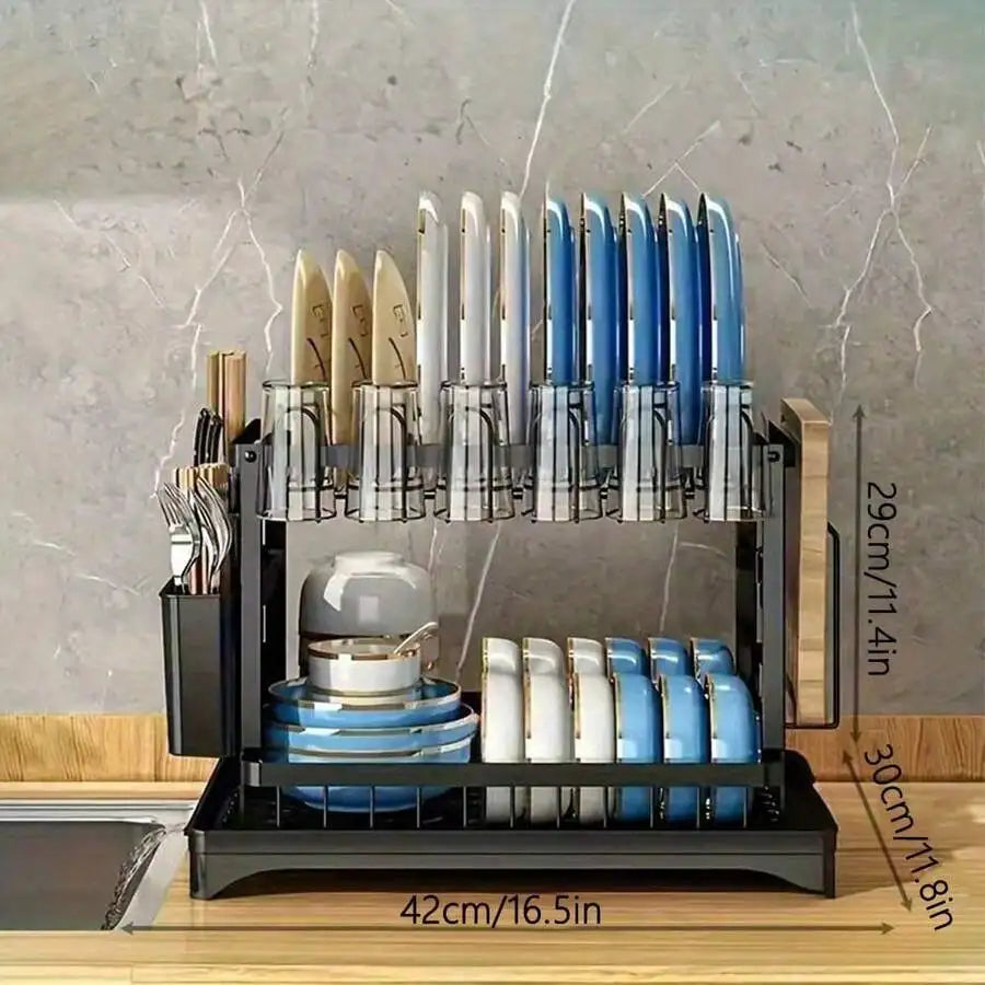 Two-Tier Stainless Steel Dish Rack With Drainer Plate And Cup Holder