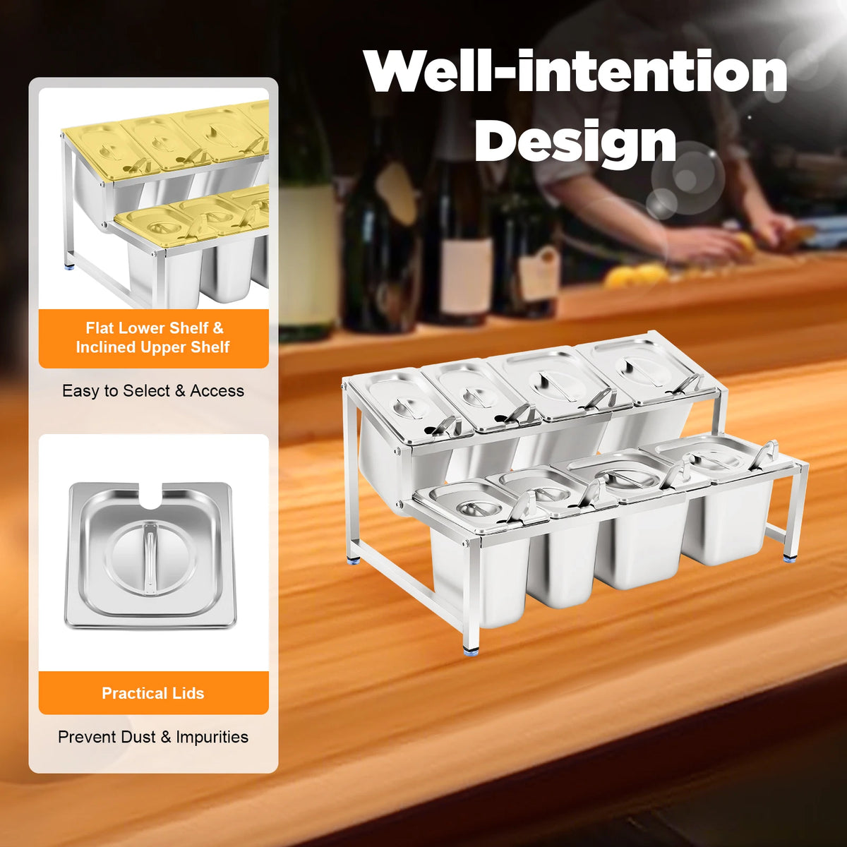 Expandable Stainless Steel Spice Rack With Food Pans And Lids