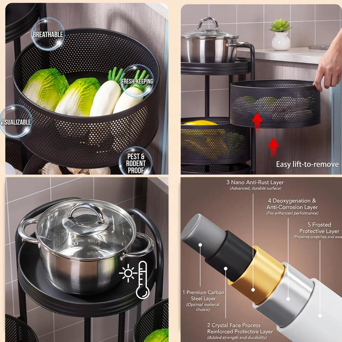 Tacleekii 5 Tier Rotating Kitchen Storage Cart With Wheels