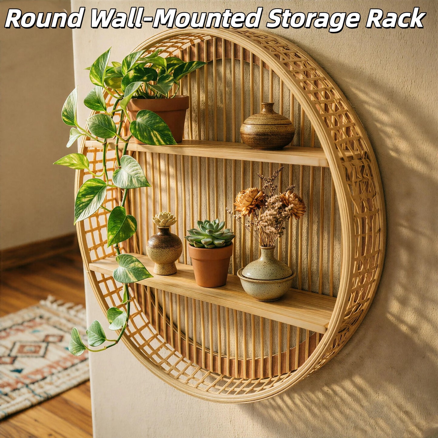 Round Two Tier Bamboo Wall Shelf Circle Design