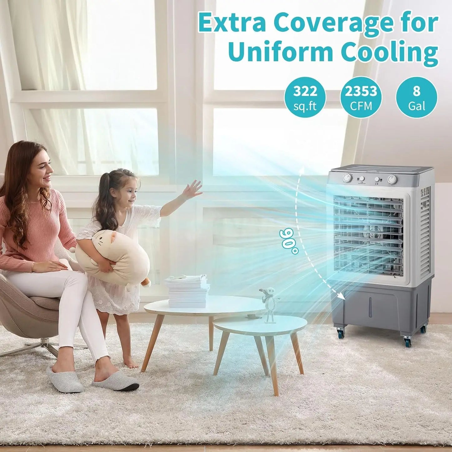 Portable Swamp Cooler With Wheels 2500 CFM Evaporative 3-In-1