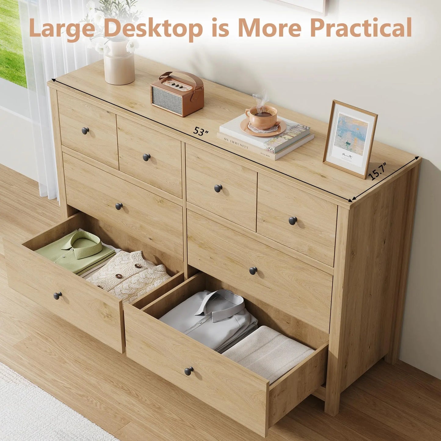 HiMISS Modern 8 Drawer Dresser Oak Wood Grain Storage Chest