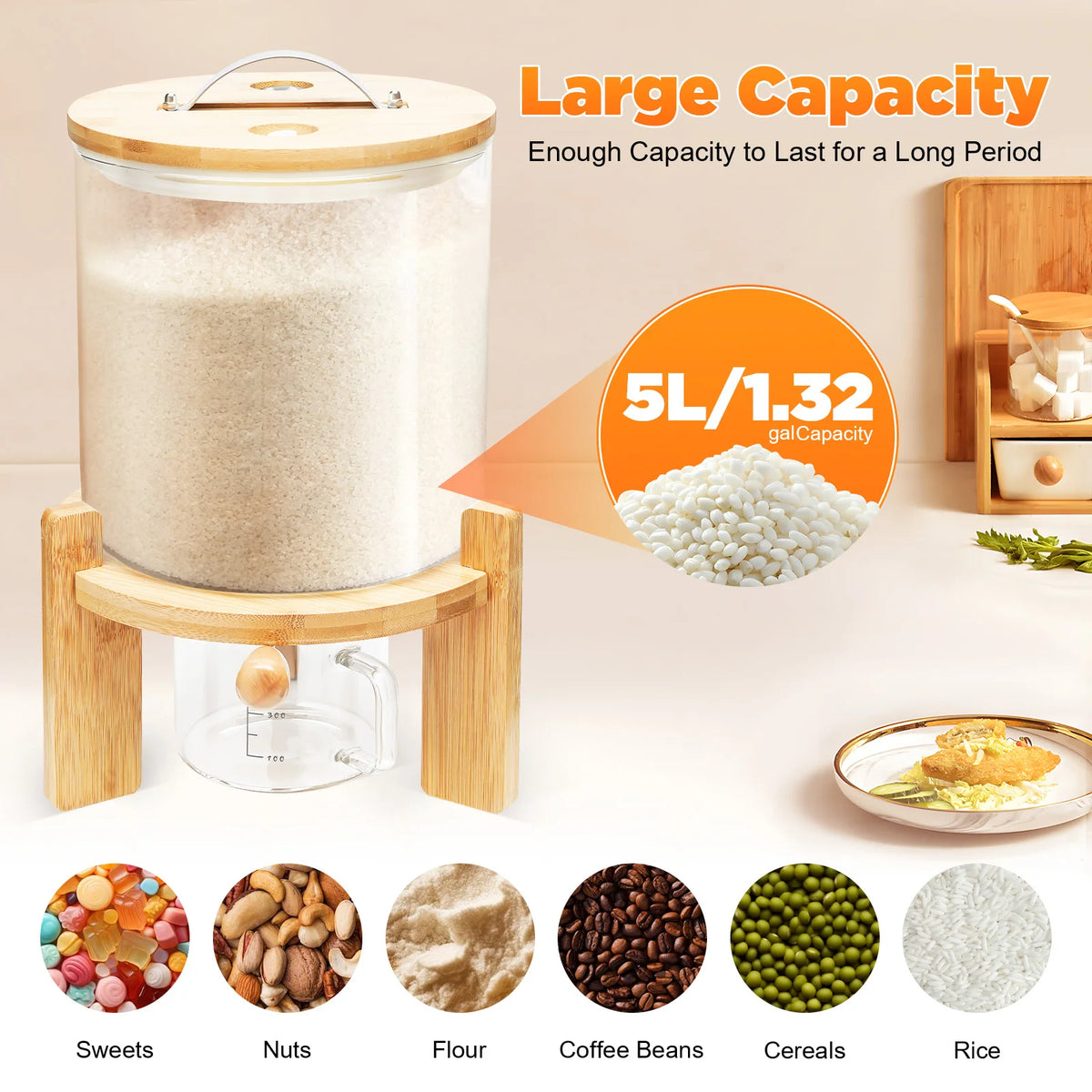 Airtight Glass Cereal Dispenser With Bamboo Lid and Stand