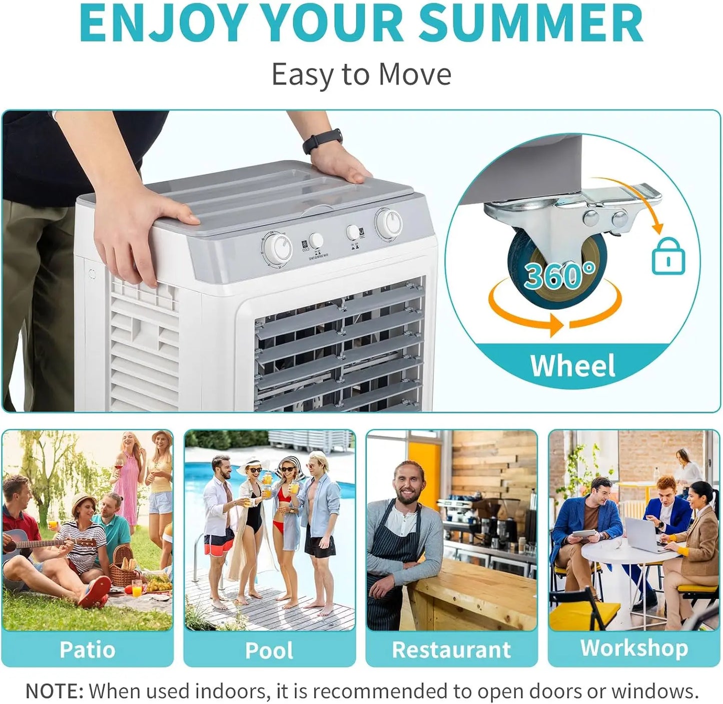 Portable Swamp Cooler With Wheels 2500 CFM Evaporative 3-In-1