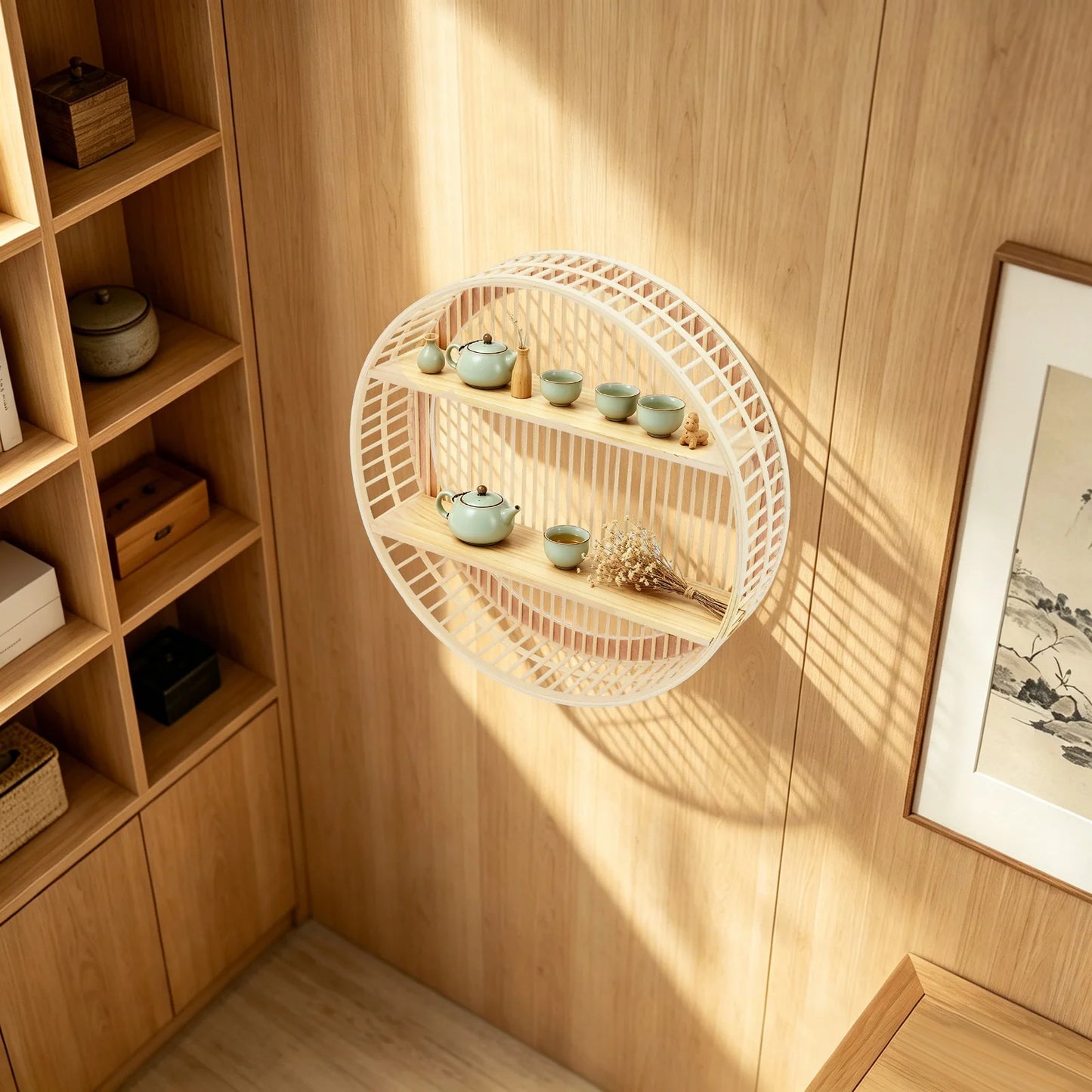 Round Two Tier Bamboo Wall Shelf Circle Design