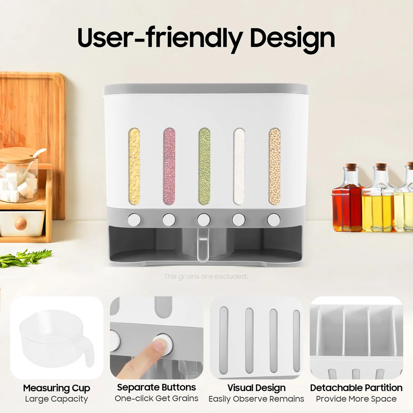 Wall Mounted 5-Compartment Rice Dispenser And Food Storage