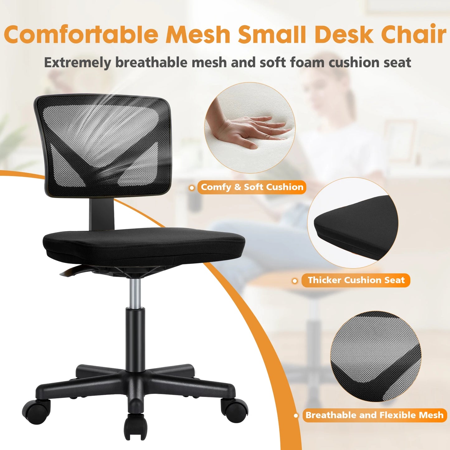 JHK Mesh Lumbar Support Armless Office Chair with Wheels